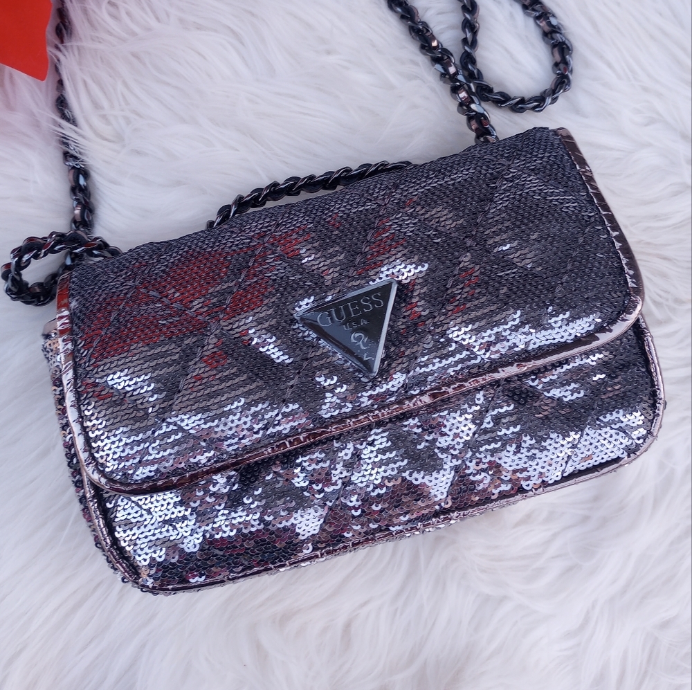 NEW Guess Sequin Pewter Mini Cessily Crossbody Bag